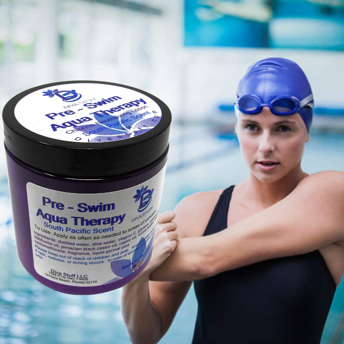 Diva Stuff Pre-Swim Aqua Therapy Chlorine Neutralizing Body Moisturizing Lotion for Swimmers, Protects Skin from Chlorine and Salt Water, 8 oz - Made in the USA, Fresh South Pacific